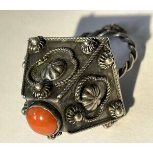 Etruscan 800 Silver & Coral Basket Like Pendant or Charm With Rosettes Rose Top